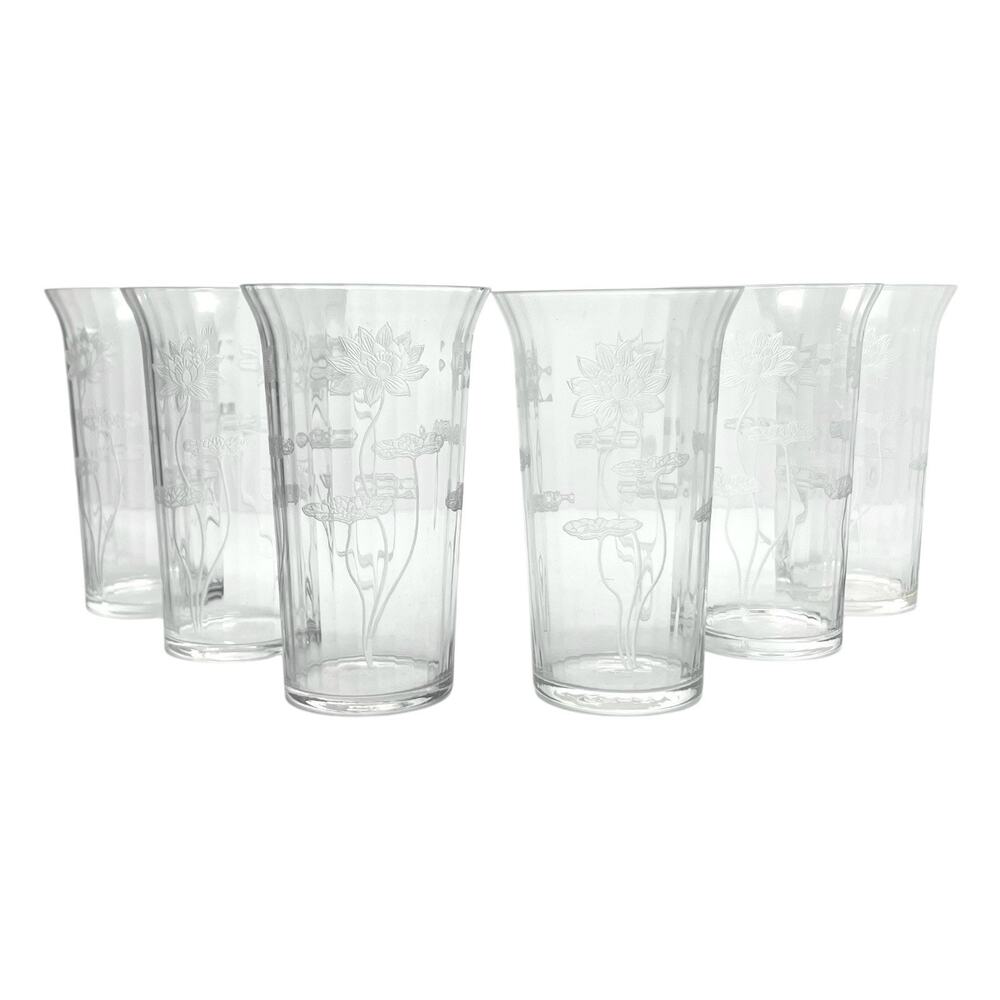 1910s Antique Fostoria Lotus 6 Etched Optic Highball Tumbler Glasses 5 3/8” 12oz